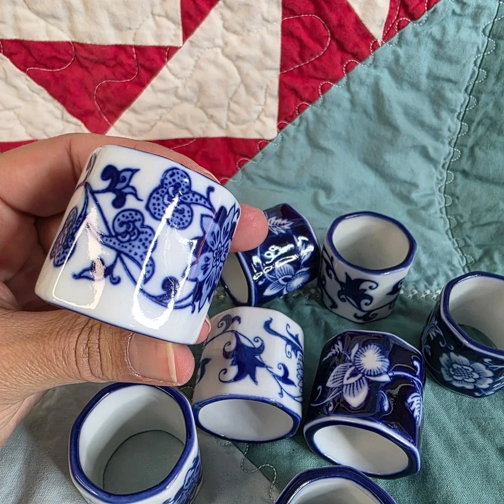 Blue and White Porcelain Floral Napkin Rings Set of 8 Chinoiserie Style